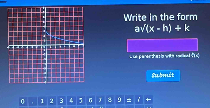 Write in the form
asqrt((x-h))+k
Use parenthesis with radical sqrt[3]((x))
Submit
0 . 1 2 3 4 5 6 7