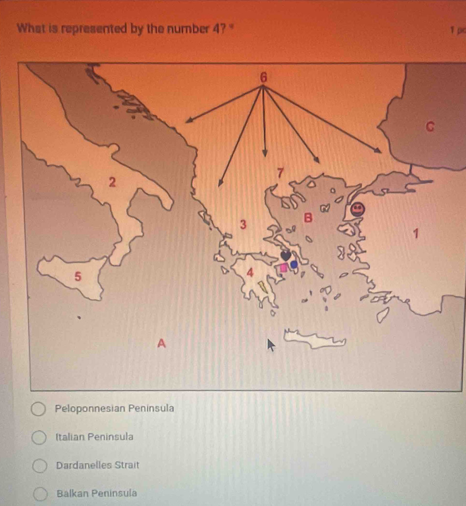 What is represented by the number 4? '' 1 ρc
Peloponnesian Península
Italian Peninsula
Dardanelles Strait
Balkan Peninsula