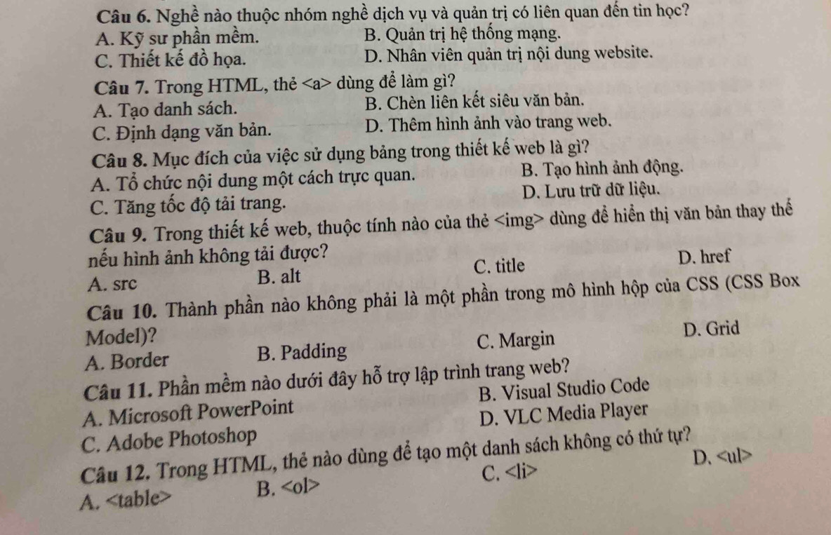 Nghề nào thuộc nhóm nghề dịch vụ và quản trị có liên quan đến tin học?
A. Kỹ sư phần mềm. B. Quản trị hệ thống mạng.
C. Thiết kế đồ họa. D. Nhân viên quản trị nội dung website.
Câu 7. Trong HTML, thẻ dùng để làm gì?
A. Tạo danh sách. B. Chèn liên kết siêu văn bản.
C. Định dạng văn bản. D. Thêm hình ảnh vào trang web.
Câu 8. Mục đích của việc sử dụng bảng trong thiết kế web là gì?
A. Tổ chức nội dung một cách trực quan. B. Tạo hình ảnh động.
C. Tăng tốc độ tải trang. D. Lưu trữ dữ liệu.
Câu 9. Trong thiết kế web, thuộc tính nào của thẻ dùng để hiển thị văn bản thay thế
nếu hình ảnh không tải được?
A. src B. alt C. title D. href
Câu 10. Thành phần nào không phải là một phần trong mô hình hộp của CSS (CSS Box
Model)?
A. Border B. Padding C. Margin D. Grid
Câu 11. Phần mềm nào dưới đây hỗ trợ lập trình trang web?
A. Microsoft PowerPoint B. Visual Studio Code
C. Adobe Photoshop D. VLC Media Player
Cầu 12. Trong HTML, thẻ nào dùng để tạo một danh sách không có thứ tự? D.
C.
A. B.