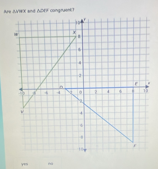 Are △ VWX and △ DEF congruent?
yes no