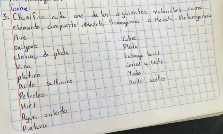 forme 
3: Clusifica cuda uno de los siguientes materiales come 
elemento, compuesto, Meicla Homogncao Mezdla Heterogened 
Aire Cobre 
oxigeno 
Plata 
clowuro do plata 
EnJouge bocal 
Vino 
Cereal y leche 
platino 
Yodo 
Acido sulforico 
Acido acetico 
Petroleo 
Hiel 
Agua salada 
Ppintura