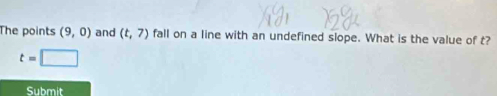 The points (9,0) and (t,7) fall on a line with an undefined slope. What is the value of t?
t=□
Submit