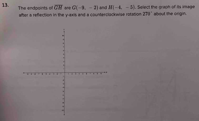 The endpoints of overline GH are G(-9,-2) and H(-4,-5). Select the graph of its image 
after a reflection in the y-axis and a counterclockwise rotation 270° about the origin.