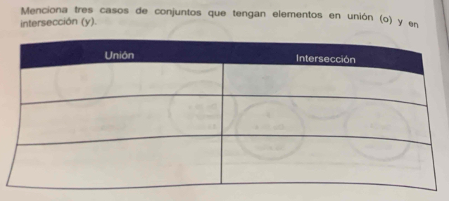 Menciona tres casos de conjuntos que tengan elementos en unión (o) y en 
intersección (y).