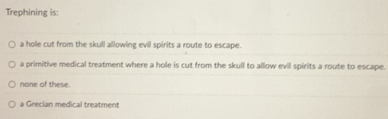 Solved: Trephining is: a hole cut from the skull allowing evil spirits ...