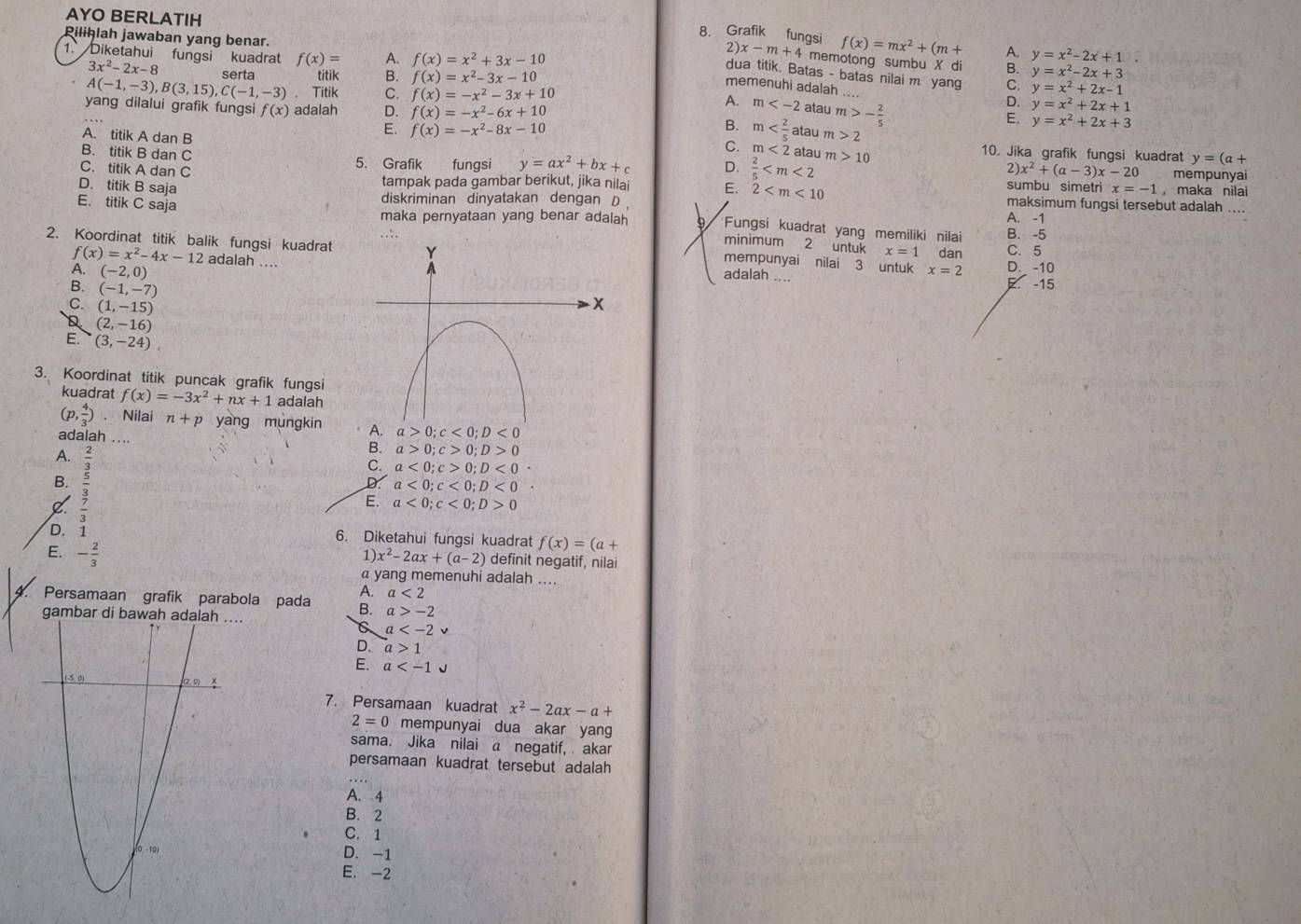 AYO BERLATIH
Piliḥlah jawaban yang benar.
8. Grafik fungsi f(x)=mx^2+(m+ A. y=x^2-2x+1
1. Diketahui fungsi kuadrat f(x)= A. f(x)=x^2+3x-10
2) x-m+4 memotong sumbu X di B. y=x^2-2x+3
dua titik. Batas - batas nilai m yang C.
3x^2-2x-8 serta titik B. f(x)=x^2-3x-10 y=x^2+2x-1
memenuhi adalah
A(-1,-3),B(3,15),C(-1,-3) 、 Titik C. f(x)=-x^2-3x+10
A. m
yang dilalui grafik fungsi f(x) adalah D. f(x)=-x^2-6x+10 B. m atau atau m>- 2/5  : y=x^2+2x+1 y=x^2+2x+3
A. itikAd an R
E. f(x)=-x^2-8x-10 m>2 10. Jika grafik fungsi kuadrat y=(a+
C. m<2</tex> atau m 2 x^2+(a-3)x-20 mempunyai
C. titik A dan C
B. titik B dan C 5. Grafik fungsi y=ax^2+bx+c D.  2/5  10 sumbu simetri x=-1 , maka nilai
D. titik B saja tampak pada gambar berikut, jika nilai E. 2 maksimum fungsi tersebut adalah ....
diskriminan dinyatakan dengan D.
A. -1
E. titik C saja minimum 2 untuk
maka pernyataan yang benar adalah b Fungsi kuadrat yang memiliki nilai B. -5
..:
2. Koordinat titik balik fungsi kuadratadalah .... D._ -10
x=1 dan C. 5
f(x)=x^2-4x-12 adalah ....
mempunyai nilai 3 untuk
A. (-2,0) x=2
B. (-1,-7)
E. -15
C. (1,-15)
(2,-16)
C (3,-24)
3. Koordinat titik puncak grafik fungsi
kuadrat f(x)=-3x^2+nx+1 adalah
(p, 4/3 ). Nilai n+p yang mungkin a>0;c<0;D<0</tex>
adalah B. a>0;c>0;D>0
A.
C. a<0;c>0;D<0·
B.
D. beginarrayr  2/3   3/3   3/3 endarray
D. a<0;c<0;D<0</tex>
E. a<0;c<0;D>0
6. Diketahui fungsi kuadrat f(x)=(a+
1)
E. - 2/3  x^2-2ax+(a-2) definit negatif, nilai
a yang memenuhi adalah ....
A. a<2</tex>
4. Persamaan grafik parabola pada B. a>-2
gambar d...
C a
D. a>1
E. a
7. Persamaan kuadrat x^2-2ax-a+
2=0 mempunyai dua akar yang
sama. Jika nilai a negatif, akar
persamaan kuadrat tersebut adalah
A. 4
B.2
C. 1
D. -1
E. -2