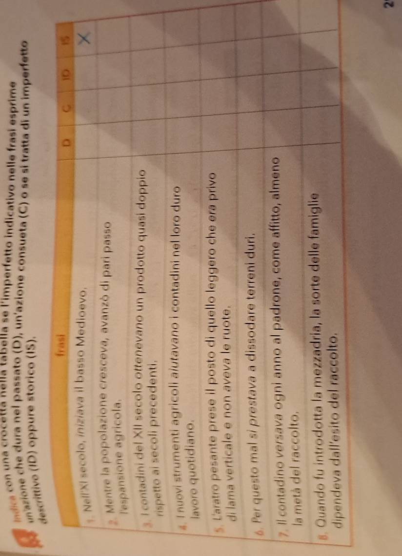 indica con una crocetta nella tabella se l'imperfetto indicativo nelle frasi esprime 
unazione che dura nel passato (D), un'azione consueta (C) o se si tratta di un imperfetto 
tivo (ID) oppure storico (IS). 
g 
2