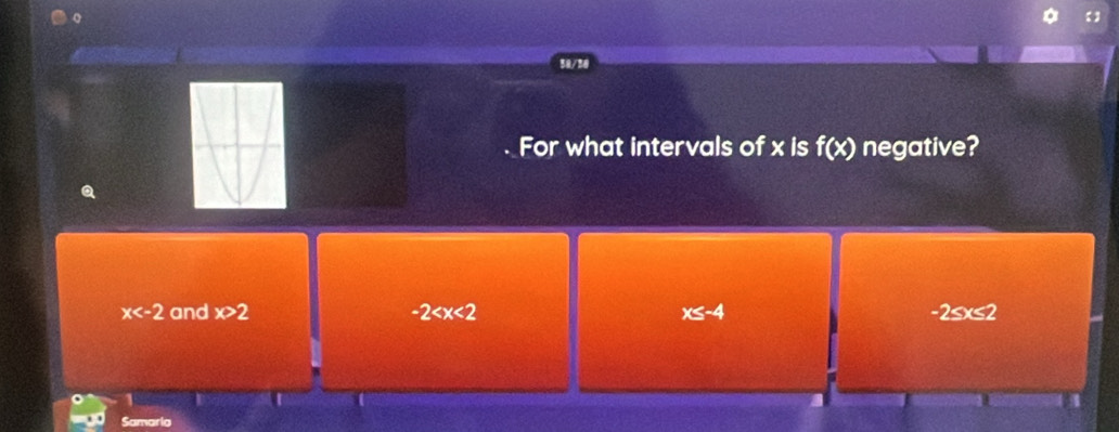 50/30
For what intervals of x is f(x) negative?
x and x>2 -2 x≤ -4 -2≤ x≤ 2
Samaria