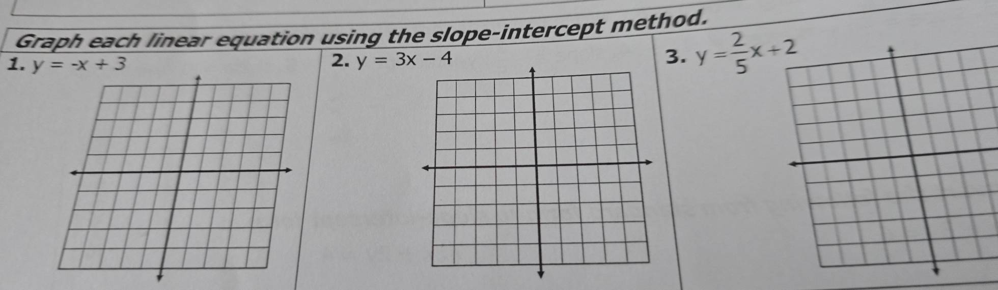 Graph each linear equation using the slope-intercept method.
1. y=-x+3 2. y=3x-4
3. y= 2/5 x+_ 2