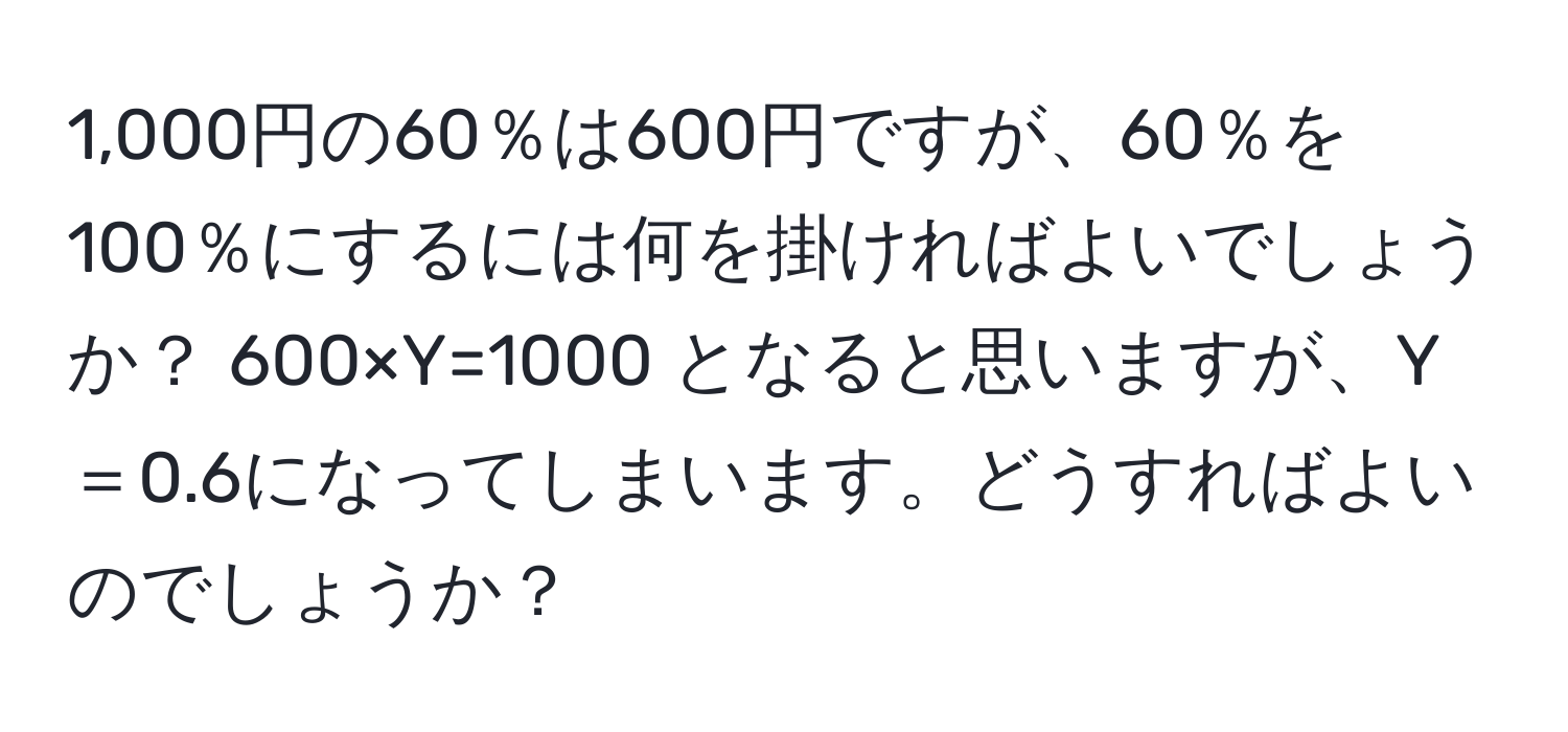 1,000円の60％は600円ですが、60％を100％にするには何を掛ければよいでしょうか？ 600×Y=1000 となると思いますが、Y＝0.6になってしまいます。どうすればよいのでしょうか？