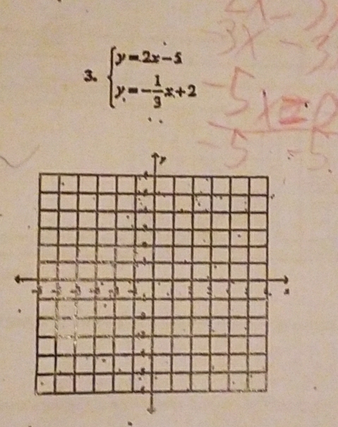 beginarrayl y=2x-5 y=- 1/3 x+2endarray.