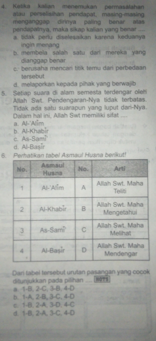 Ketika kalian menemukan permasálahan
atau perselisihan pendapat, masing-masing
menganggap dirinya paling benar atas
pendapatnya, maka sikap kalian yang benar ....
a. tidak perlu diselesaikan karena keduanya
ingin menang
b. membela salah satu dari mereka yang
dianggap benar
c. berusaha mencari titik temu dari perbedaan
tersebut
d. melaporkan kepada pihak yang berwajib
5. Setiap suara di alam semesta terdengar oleh
Allah Swt. Pendengaran-Nya tidak terbatas.
Tidak ada satu suarapun yang luput dari-Nya.
Dalam hal ini, Allah Swt memiliki sifat ....
a. Al-'Alim
b. Al-Khabir
c. As-Sami
d. Al-Başir
6.tabel Asmaul Husna berikut!
Dari tabei tersebut urutan pasangan yang cocok
ditunjukkan pada pilihan .... [ Hons
a. 1 -B, 2 -C, 3 -B, 4 -D
b. 1 -A. 2-B, 3-C, 4-D
c. 1-B, 2-A, 3-D, 4-C
d. 1-B, 2-A, 3-C, 4-D