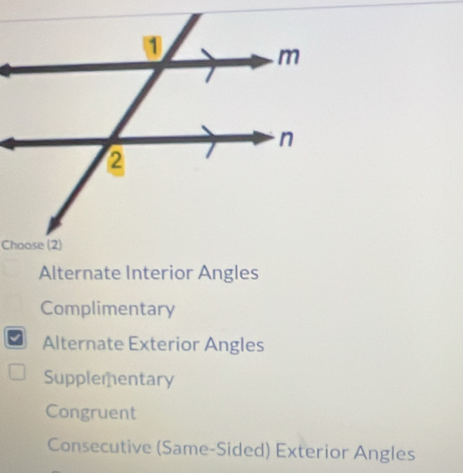 Alternate Interior Angles
Complimentary
Alternate Exterior Angles
Supplementary
Congruent
Consecutive (Same-Sided) Exterior Angles