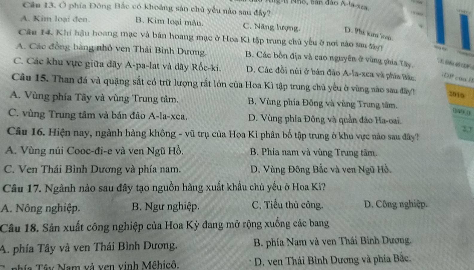 Nho, ban đảo A-la-xe .
Câu 13. Ở phía Đông Bắc có khoảng sản chủ yếu nào sau đây?
B. Kim loại màu.
A. Kim loại đen. C. Năng lượng.
Câu 14. Khi hậu hoang mạc và bán hoang mạc ở Hoa Kì tập trung chủ yếu ở nơi nào sau đây?
D. Phí kim loại. 19x 6   C
A. Các đồng bàng nhỏ ven Thái Bình Dương.
B. Các bồn địa và cao nguyên ở vùng phía Tây.
TBiển đồ GDP c
C. Các khu vực giữa dãy A-pa-lat và dãy Rốc-ki. D. Các đồi núi ở bán đảo A-la-xca và phía Bắc.
;DP của H
Câu 15. Than đá và quặng sắt có trữ lượng rất lớn của Hoa Kì tập trung chủ yếu ở vùng nào sau đây?
2010
A. Vùng phía Tây và vùng Trung tâm.  B. Vùng phía Đông và vùng Trung tâm.
049/0
C. vùng Trung tâm và bán đảo A-la-xca. D. Vùng phía Đông và quần đảo Ha-oai.
2,7
Câu 16. Hiện nay, ngành hàng không - vũ trụ của Hoa Kì phân bố tập trung ở khu vực nào sau đây?
A. Vùng núi Cooc-đi-e và ven Ngũ Hồ. B. Phía nam và vùng Trung tâm.
C. Ven Thái Bình Dương và phía nam. D. Vùng Đông Bắc và ven Ngũ Hồ.
Câu 17. Ngành nào sau đây tạo nguồn hàng xuất khẩu chủ yếu ở Hoa Kì?
A. Nông nghiệp. B. Ngư nghiệp.
C. Tiểu thủ công. D. Công nghiệp.
Câu 18. Sản xuất công nghiệp của Hoa Kỳ đang mở rộng xuống các bang
A. phía Tây và ven Thái Bình Dương. B. phía Nam và ven Thái Bình Dương.
nhía Tây Nam và ven vinh Mêhicô. D. ven Thái Bình Dương và phía Bắc.