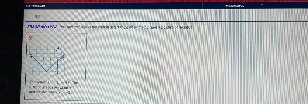 BIG IDEAS MATH KARLA MADRAZO 
ERROR ANALYSIS Describe and correct the error in determining when the function is positive or negative.
x
The vertex is (-3,-4). The 
function is negative when x
and positive when x>-3