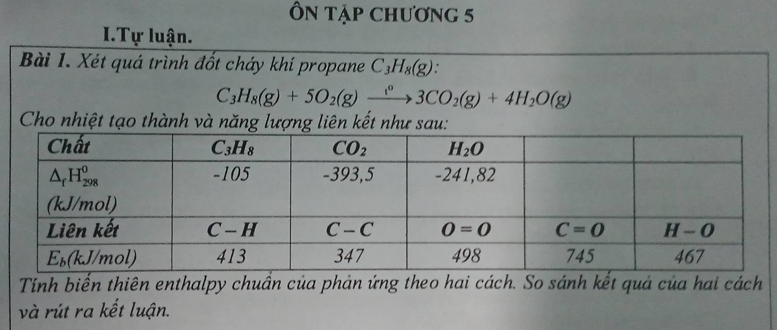 ÔN tập Chương 5
I.Tự luận.
Bài 1. Xét quá trình đốt cháy khí propane C_3H_8(g)
C_3H_8(g)+5O_2(g)xrightarrow leftharpoons 3CO_2(g)+4H_2O(g)
Cho nhiệt tạo thành và năng lượng liên kết như sau:
Tính biến thiên enthalpy chuẩn của phản ứng theo hai cách. So sánh kết quả của hai cách
và rút ra kết luận.