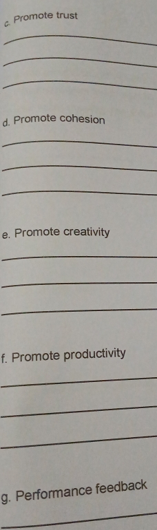 Promote trust 
_ 
_ 
_ 
d. Promote cohesion 
_ 
_ 
_ 
e. Promote creativity 
_ 
_ 
_ 
f. Promote productivity 
_ 
_ 
_ 
g. Performance feedback 
_