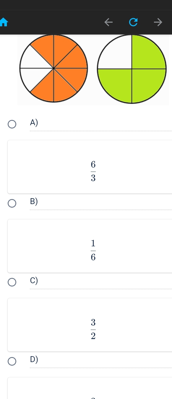 A)
 6/3 
B)
 1/6 
C)
 3/2 
D)