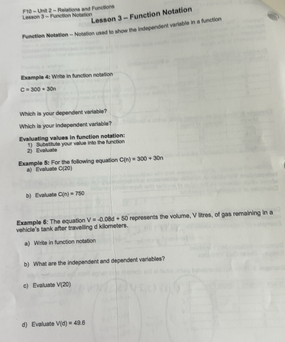 Solved: F10 - Unit 2 - Relations and Functions Lesson 3 - Function ...