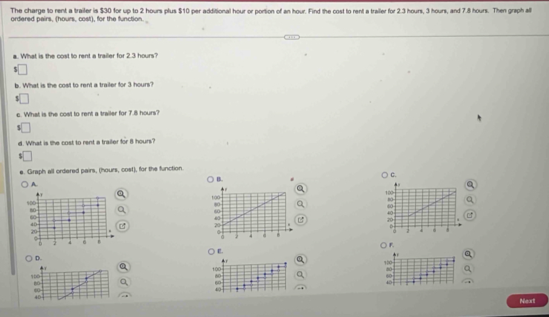 The charge to rent a trailer is $30 for up to 2 hours plus $10 per additional hour or portion of an hour. Find the cost to rent a trailer for 2.3 hours, 3 hours, and 7.8 hours. Then graph all 
ordered pairs, (hours, cost), for the function. 
a. What is the cost to rent a trailer for 2.3 hours? 
b. What is the cost to rent a trailer for 3 hours?
$
c. What is the cost to rent a trailer for 7.8 hours?
5
d. What is the cost to rent a trailer for 8 hours? 
ς 
e. Graph all ordered pairs, (hours, cost), for the function. 
B. 
C. 
A
y
100
80
60
40
20
0
0 2 4 6 B 
F. 
E. 
D.
100 100
80
100 60 60
80
60
40
60
40
40
Next