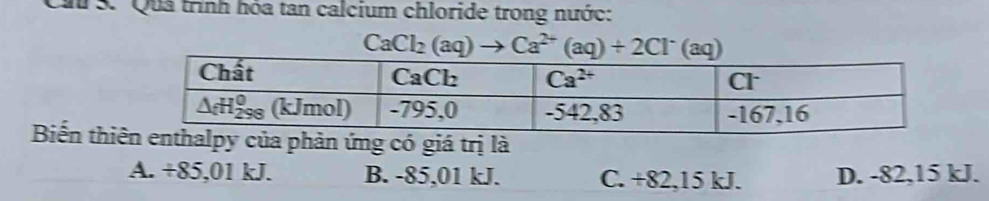 Quả trình hóa tan calcium chloride trong nước:
CaCl_2(aq)to Ca^(2+)(aq)+2Cl^-(aq)
Biến thin ứng có giá trị là
A. +85,01 kJ. B. -85,01 kJ. C. +82,15 kJ. D. -82,15 kJ.