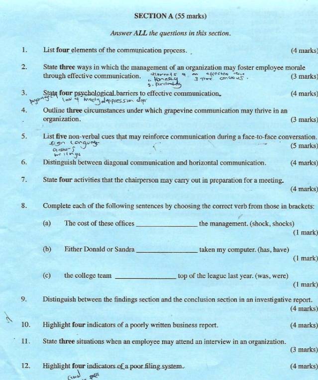 Answer ALL the questions in this section. 
1. List four elements of the communication process. (4 marks) 
2. State three ways in which the management of an organization may foster employee morale 
through effective communication. (3 marks) 
3. State four psychological barriers to effective communication. (4 marks) 
4. Outline three circumstances under which grapevine communication may thrive in an 
organization. (3 marks) 
5. List five non-verbal cues that may reinforce communication during a face-to-face conversation. 
(5 marks) 
6. Distinguish between diagonal communication and horizontal communication. (4 marks) 
7. State four activities that the chairperson may carry out in preparation for a meeting. 
(4 marks) 
8. Complete each of the following sentences by choosing the correct verb from those in brackets: 
(a) The cost of these offices _the management. (shock, shocks) 
(1 mark) 
(b) Either Donald or Sandra_ taken my computer. (has, have) 
(1 mark) 
(c) the college team _top of the league last year. (was, were) 
(1 mark) 
9. Distinguish between the findings section and the conclusion section in an investigative report. 
(4 marks) 
10. Highlight four indicators of a poorly written business report. (4 marks) 
11. State three situations when an employee may attend an interview in an organization. 
(3 marks) 
12. Highlight four indicators of a poor filing system. (4 marks)