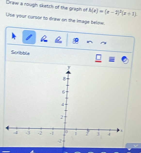 Draw a rough sketch of the graph of h(x)=(x-2)^2(x+1). 
Use your cursor to draw on the image below. 
I R 
Scribble