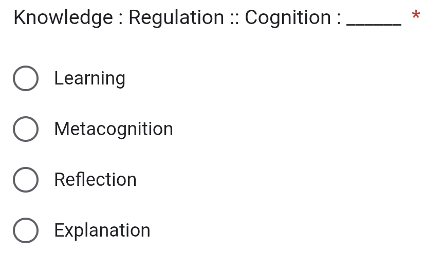 Knowledge : Regulation :: Cognition :_
*
Learning
Metacognition
Reflection
Explanation