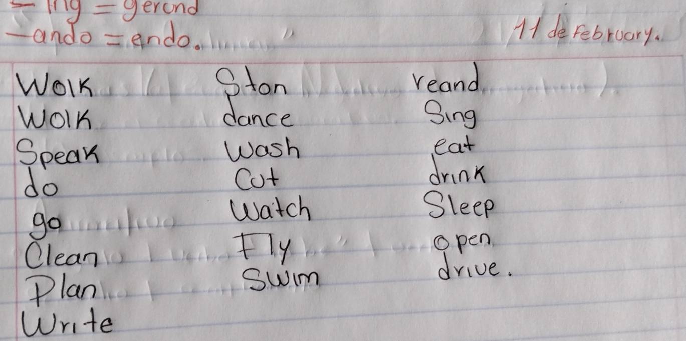 mg= gerond 
ando = ando. 
H1 de February. 
WolK Ston reand 
dance 
WoIK Sing 
Speak Wash eat 
do 
Cot 
drink 
watch Sleep 
go 
Olean 
fly 
open 
Plan 
swm 
drive. 
Write