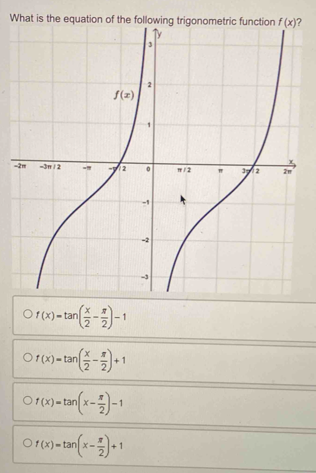 W2
-
f(x)=tan ( x/2 - π /2 )-1
f(x)=tan ( x/2 - π /2 )+1
f(x)=tan (x- π /2 )-1
f(x)=tan (x- π /2 )+1