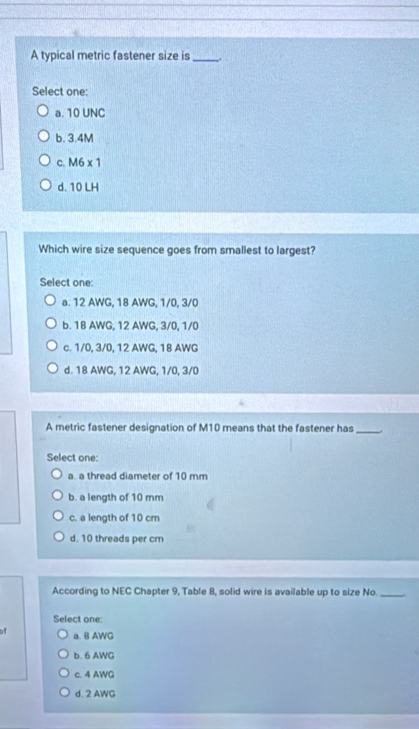 Solved: A typical metric fastener size is_ Select one: a. 10 UNC b. 3 ...