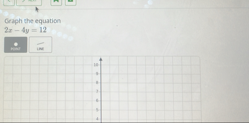 Graph the equation
2x-4y=12
POINT LINE