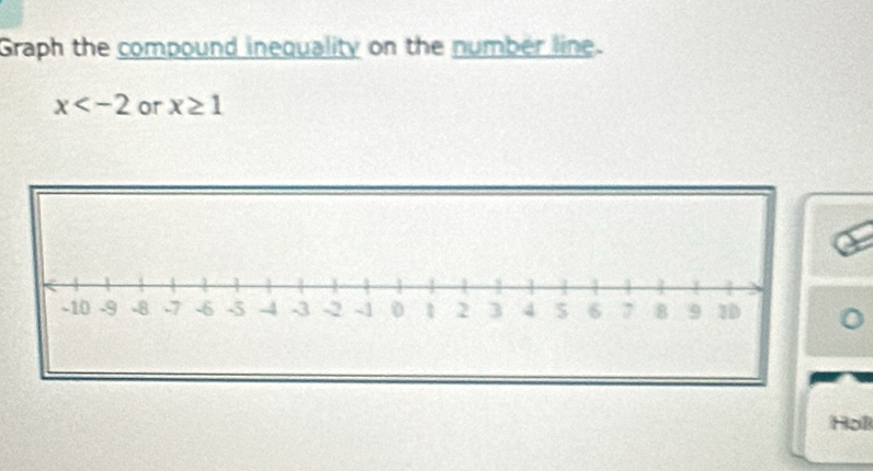 Graph the compound inequality on the number line.
x or x≥ 1
Holl