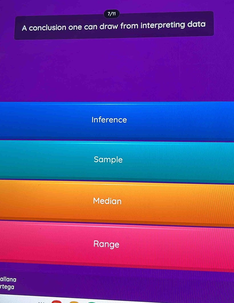 7/11
A conclusion one can draw from interpreting data
Inference
Sample
Median
Range
allana
rtega