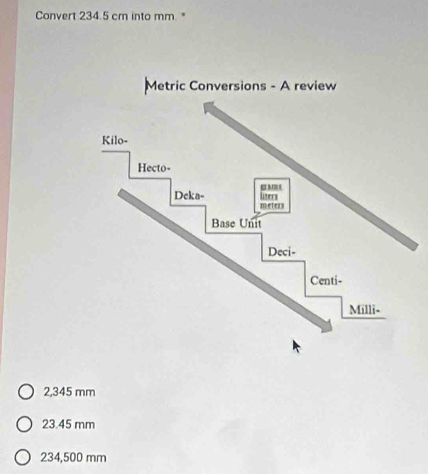 Convert 234.5 cm into mm.*
2,345 mm
23.45 mm
234,500 mm