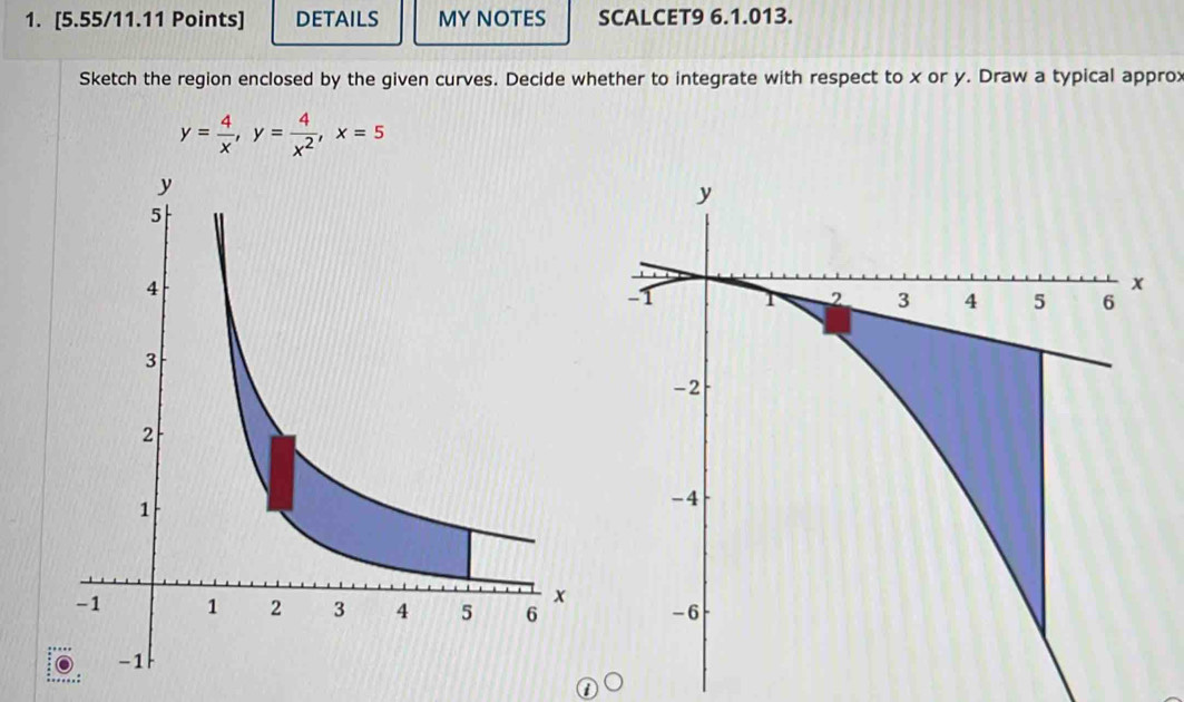 DETAILS MY NOTES SCALCET9 6.1.013. 
Sketch the region enclosed by the given curves. Decide whether to integrate with respect to x or y. Draw a typical approx
y= 4/x , y= 4/x^2 , x=5