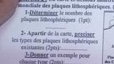 mondiale des plaques lithosphériques. 
plaques lithosphériques (1pt): I-Déterminer le nombre des 
_ 
2- Apartir de la carte, preciser 
les types des plaques lithosphériques 
existantes (2pts)::_ 
châqué tve (2nts) 3-Donner un exemple pour AnC ~