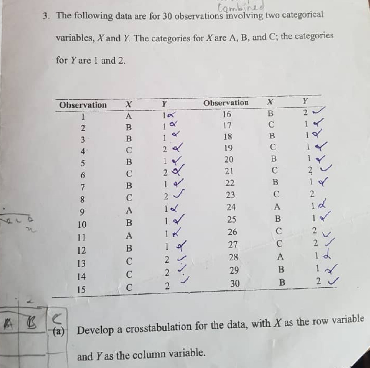 The following data are for 30 observations involving two categorical 
variables, X and Y. The categories for Xare A, B, and C; the categories 
for Y are 1 and 2. 
(a) Develop a crosstabulation for the data, with X as the row variable 
and Yas the column variable.