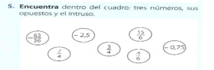 Encuentra dentro del cuadro: tres números, sus
opuestos y el intruso.