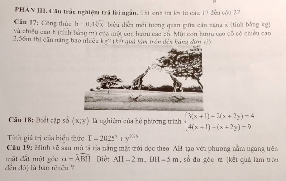 PHẢN III. Câu trắc nghiệm trả lời ngắn. Thí sinh trả lời từ câu 17 đến câu 22. 
Câu 17: Công thức h=0,4sqrt[3](x) biểu diễn mối tương quan giữa cân nặng x (tính bằng kg) 
và chiều cao h (tính bằng m) của một con hươu cao cổ. Một con hươu cao cổ có chiều cao
2,56m thì cân nặng bao nhiêu kg? (kết quả làm tròn đến hàng đơn vị) 
Câu 18: Biết cặp số (x;y) là nghiệm của hệ phương trình beginarrayl 3(x+1)+2(x+2y)=4 4(x+1)-(x+2y)=9endarray.
Tính giá trị của biểu thức T=2025^x+y^(2026)
Câu 19: Hình vẽ sau mô tả tia nắng mặt trời dọc theo AB tạo với phương nằm ngang trên 
mặt đất một góc alpha =widehat ABH. Biết AH=2m, BH=5m , số đo góc α (kết quả làm tròn 
đến độ) là bao nhiêu ?