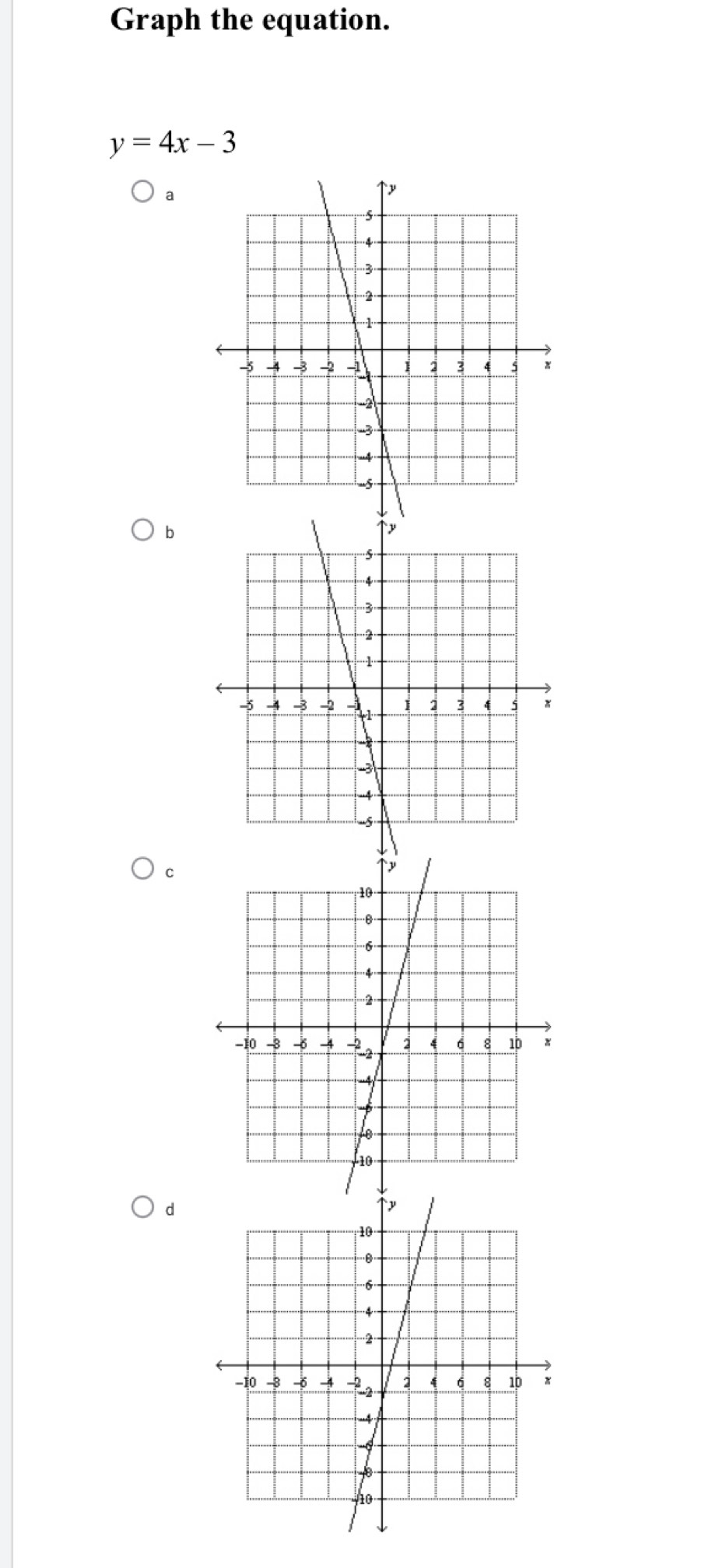 Graph the equation.
y=4x-3
a 
b 
C 
d