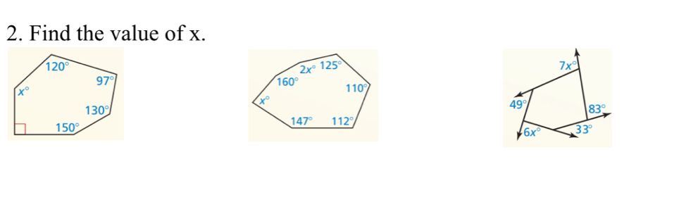 Find the value of x.
7x°
49° 83°
6x° 33°