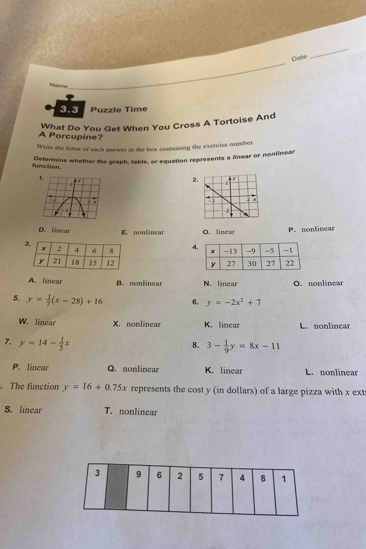 Date
_
Name
3.3 Puzzle Time
What Do You Get When You Cross A Tortoise And
A Porcupine?
Write the letter of each answer in the box containing the exercise number.
Determine whether the graph, table, or equation represents a linear or nonlinear
function. 
2

D. linear E. nonlinear O. linear P. nonlinear
4

A. linear B. nonlinear N. linear O. nonlinear
5. y= 1/7 (x-28)+16
6. y=-2x^2+7
W. linear X. nonlinear K. linear L. nonlinear
7. y=14- 1/5 x
8. 3- 1/9 y=8x-11
P. linear Q. nonlinear K. linear L. nonlinear
. The function y=16+0.75x represents the cost y (in dollars) of a large pizza with x ext
S. linear T. nonlinear