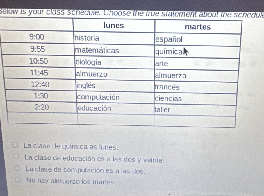 Below is your class schedule. Chooule
La clase de química es lunes.
La clase de educación es a las dos y veinte.
La clase de computación es a las dos.
No hay almuerzo los martes.