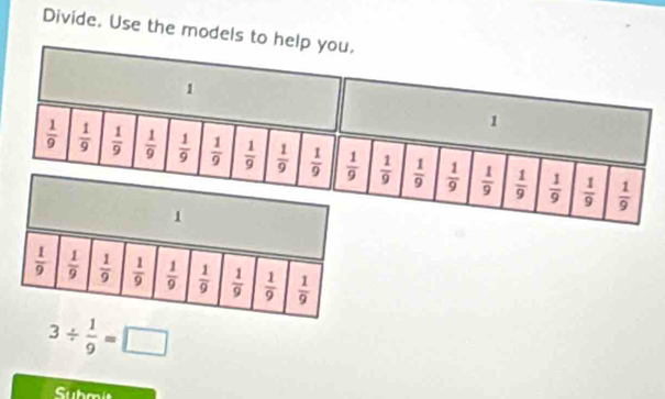 Divide. Use the models to he
3/  1/9 =□
Submit