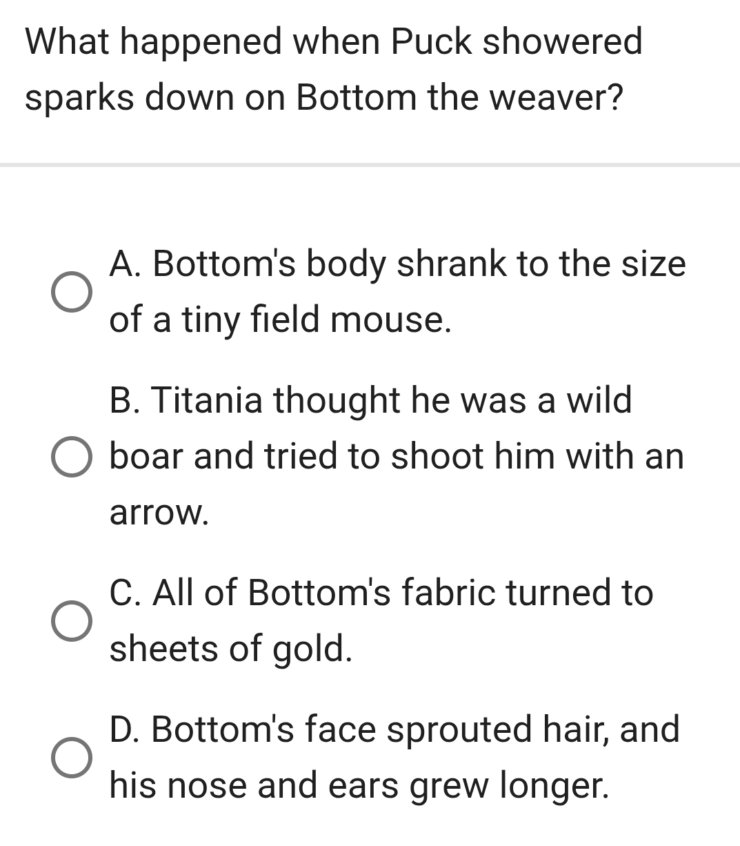 Solved: What happened when Puck showered sparks down on Bottom the ...