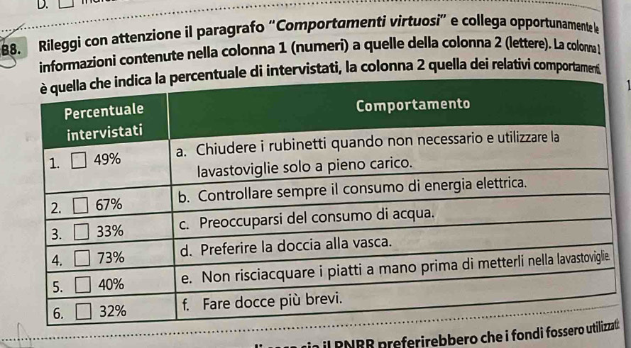 Rileggi con attenzione il paragrafo “Comportumenti virtuosi” e collega opportunamente le 
informazionì contenute nella colonna 1 (numeri) a quelle della colonna 2 (lettere). La colonna ) 
e di intervistati, la colonna 2 quella dei relativi comportament 
PN R R p referirebbero che i fondi foss