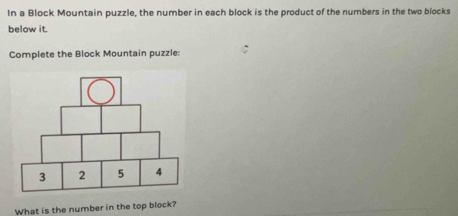 In a Block Mountain puzzle, the number in each block is the product of the numbers in the two blocks 
below it. 
Complete the Block Mountain puzzle: 
What is the number in the top block?