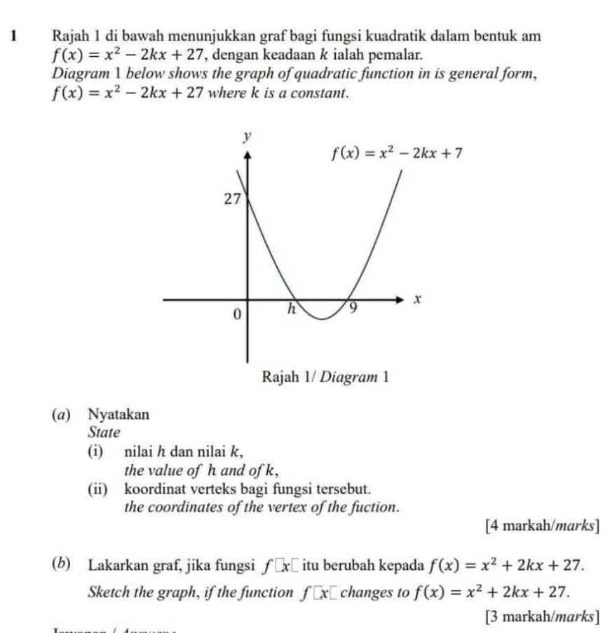 Rajah 1 di bawah menunjukkan graf bagi fungsi kuadratik dalam bentuk am
f(x)=x^2-2kx+27 , dengan keadaan k ialah pemalar.
Diagram 1 below shows the graph of quadratic function in is general form,
f(x)=x^2-2kx+27 where k is a constant.
ah 
(a) Nyatakan
State
(i) nilai h dan nilai k,
the value of h and of k,
(ii) koordinat verteks bagi fungsi tersebut.
the coordinates of the vertex of the fuction.
[4 markah/marks]
(b) Lakarkan graf, jika fungsi f□ x□ itu berubah kepada f(x)=x^2+2kx+27.
Sketch the graph, if the function f[x] changes to f(x)=x^2+2kx+27.
[3 markah/marks]