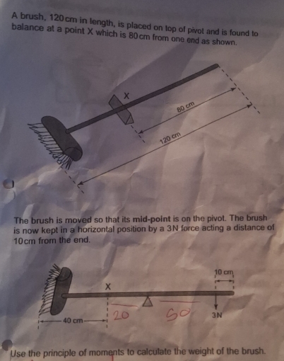 A brush, 120cm in length, is placed on top of pivot and is found to 
balance at a point X which is 80 cm from one end as shown. 
The brush is moved so that its mid-point is on the pivot. The brush 
is now kept in a horizontal position by a 3N force acting a distance of
10cm from the end. 
Use the principle of moments to calculate the weight of the brush.